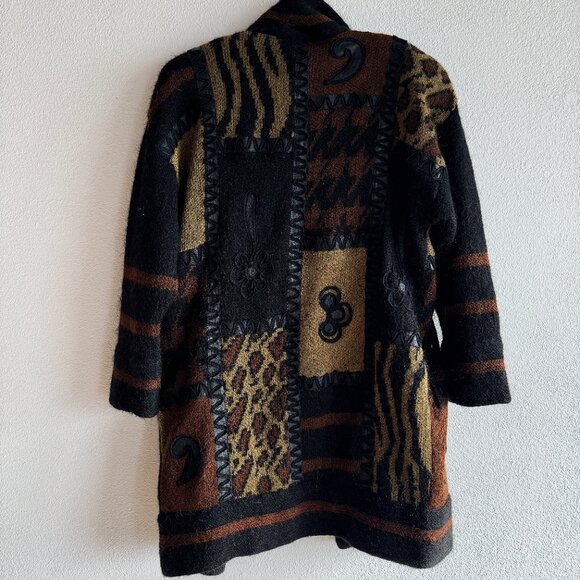 Vintage Heavy Wool Patchwork Coat Vintage Animal Print Leather Coat - Picture 3 of 5